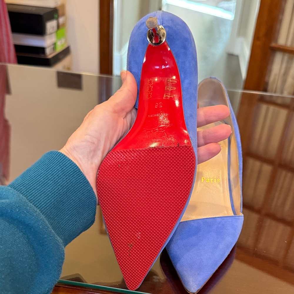 Christian Louboutin Cornflower Blue Suede Pointed-Toe Pumps - Picture 3 of 4